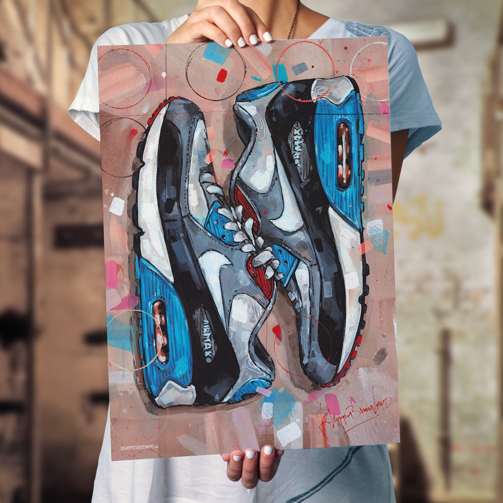 Nike Air Max 90 sideways blue Druck 50x70 cm - gerahmt und signiert