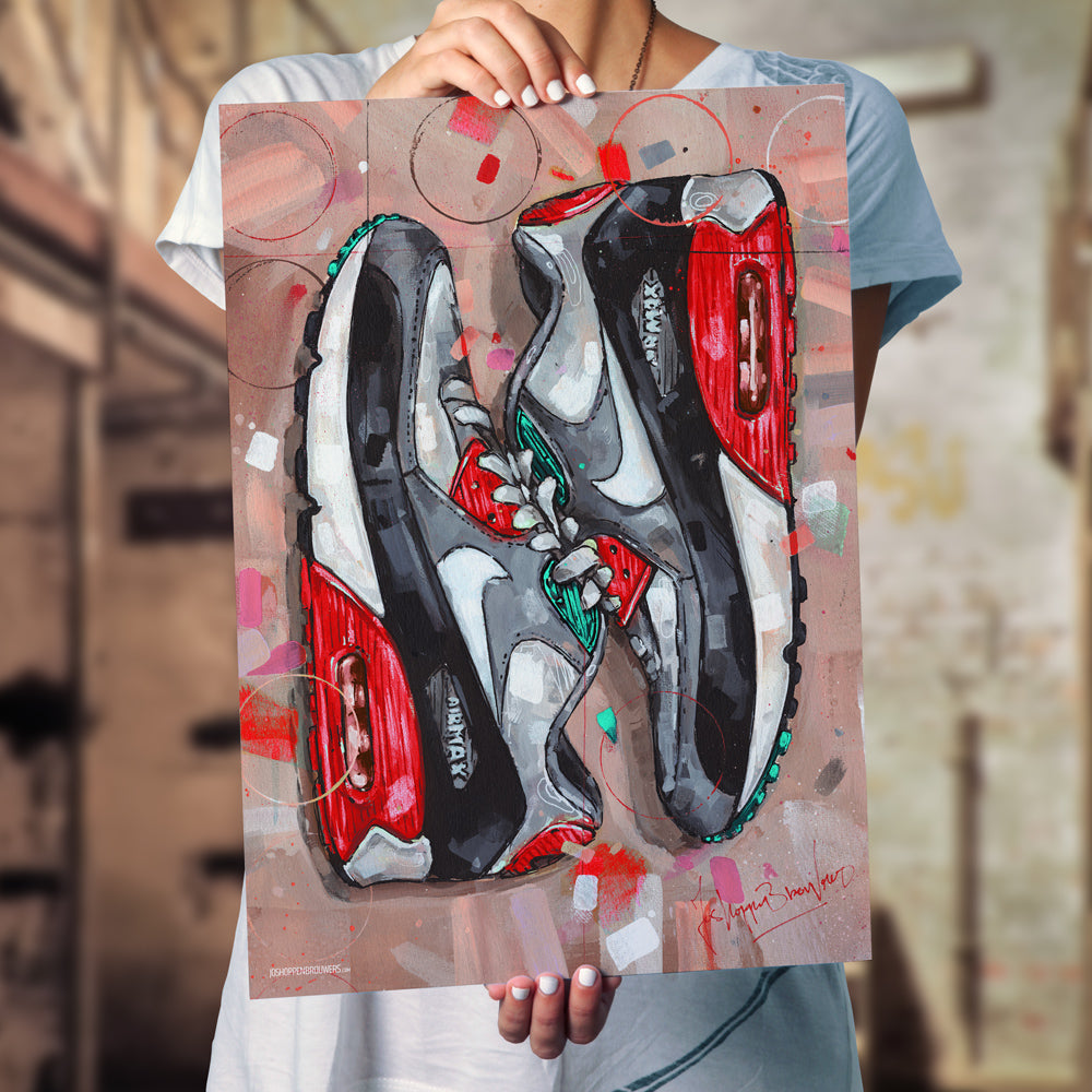 Nike Air Max 90 sideways red print 50x70 cm - framed & signed