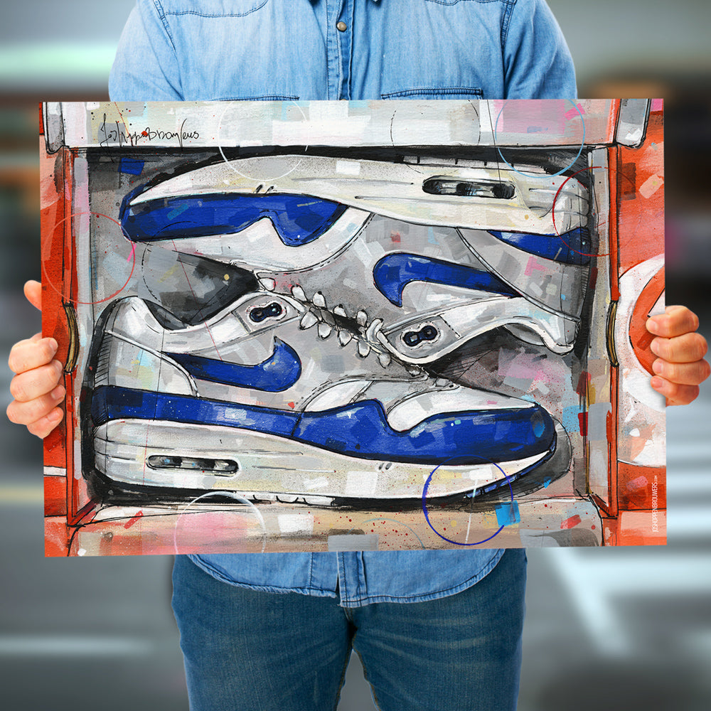 Nike Air Max 1 shoebox OG blue Druck 70x50 cm - gerahmt und signiert