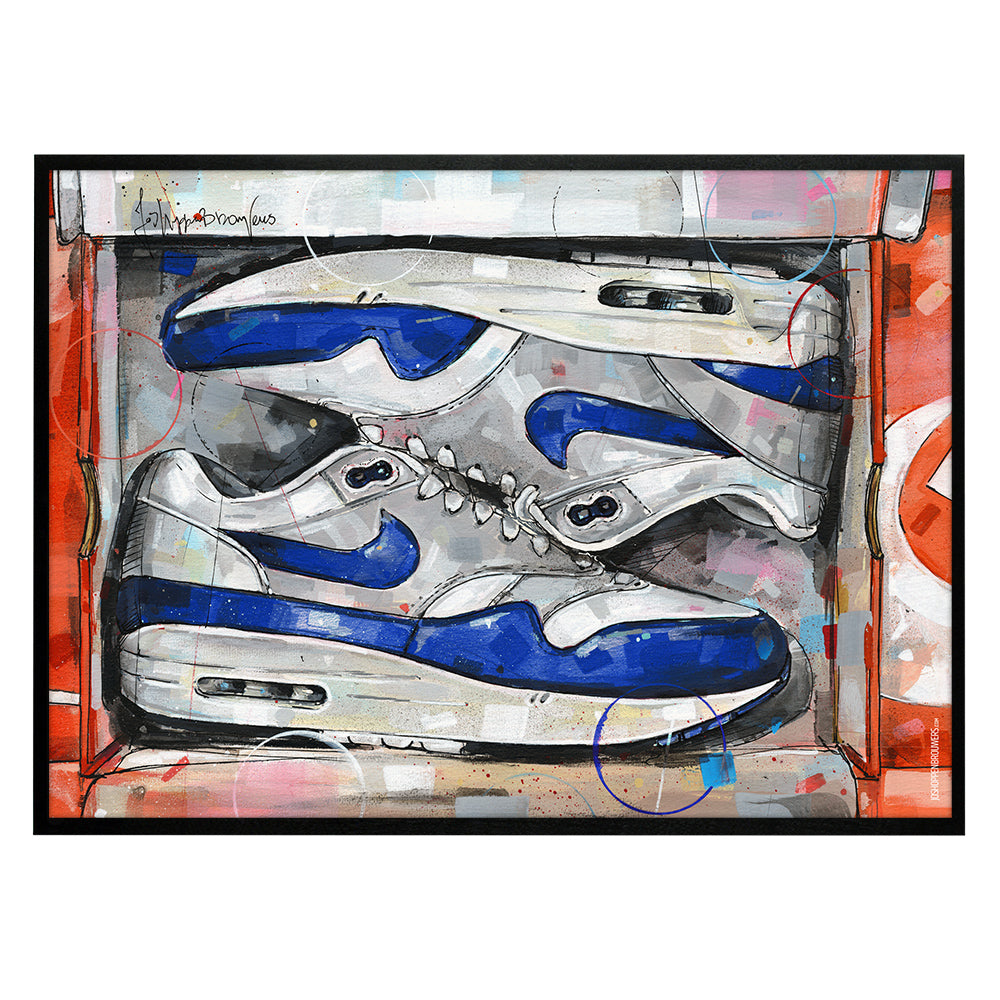 Nike Air Max 1 shoebox OG blue print 70x50 cm - framed & signed