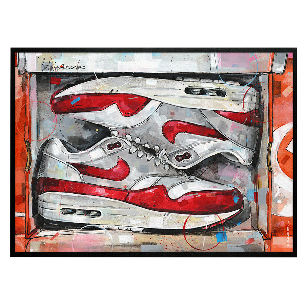 Nike Air Max 1 shoebox OG red estampado 70x50 cm - enmarcado y firmado