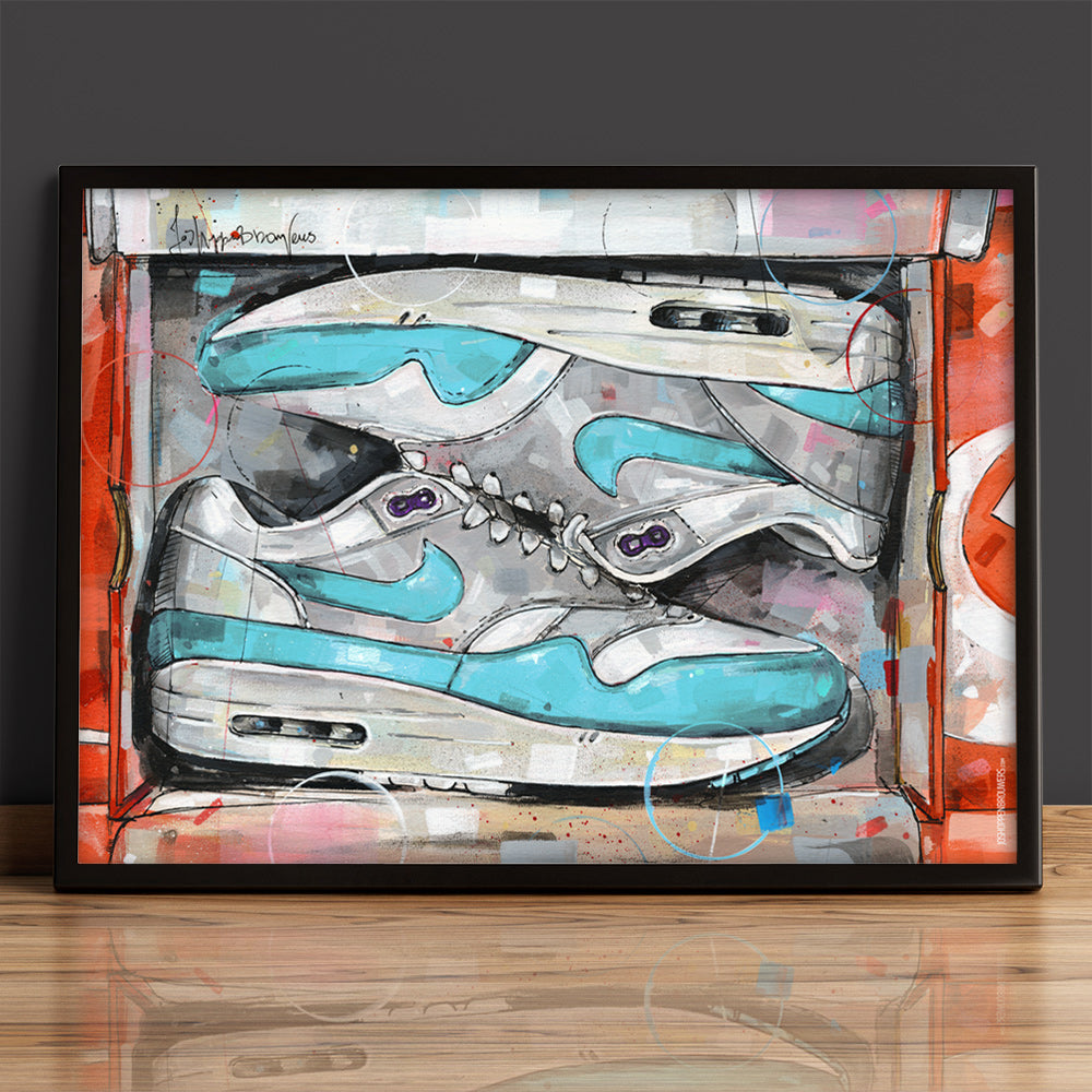 Nike Air Max 1 shoebox OG aqua purple Druck 70x50 cm - gerahmt und signiert