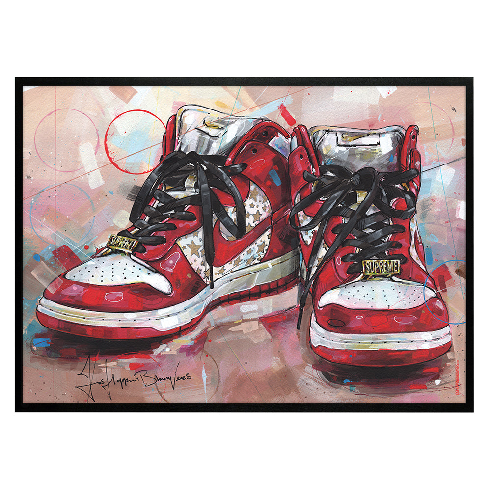 Nike Dunk high pro SB red stars full colour print 70x50 cm - ingelijst & gesigneerd