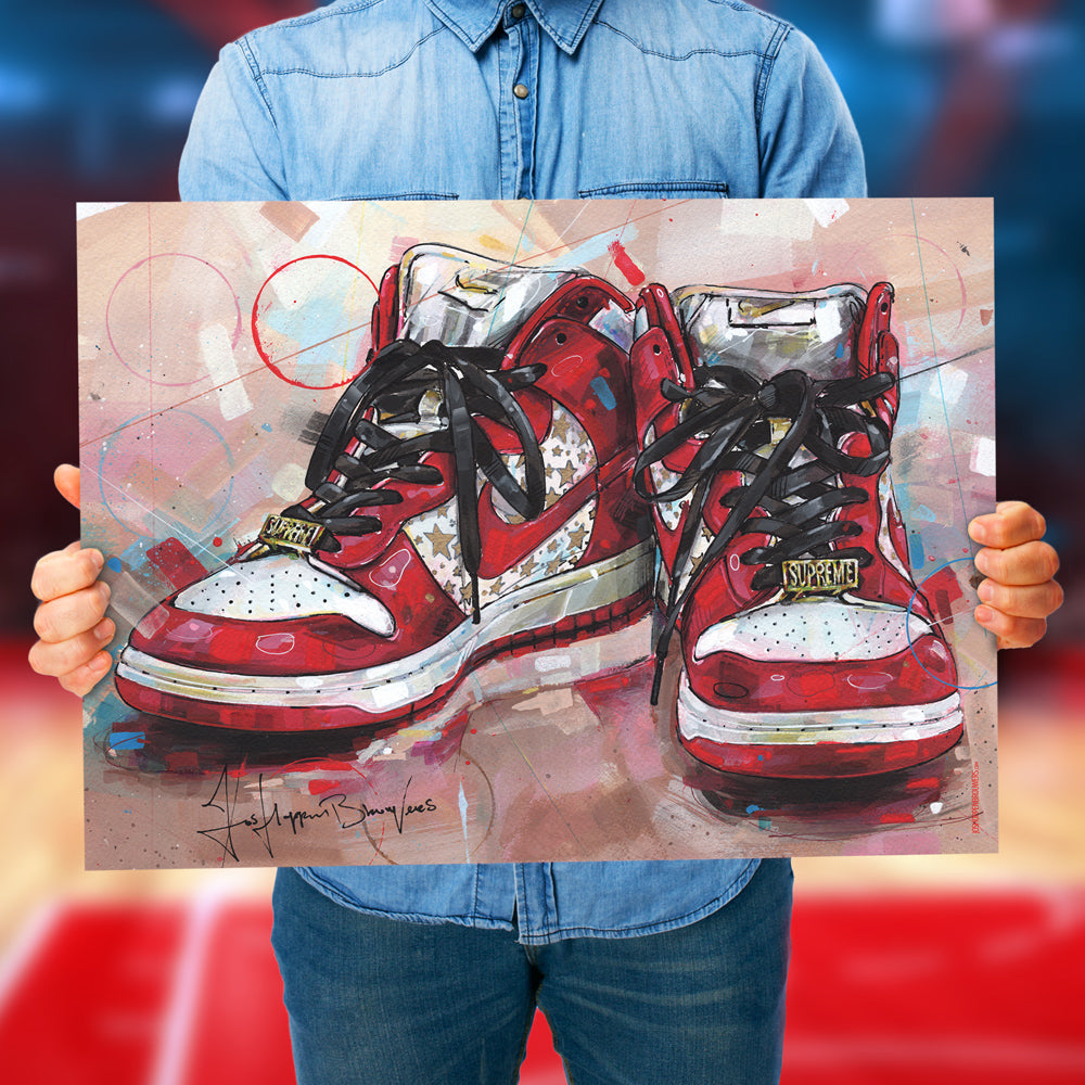 Nike Dunk high pro SB red stars full colour print 70x50 cm - framed & signed