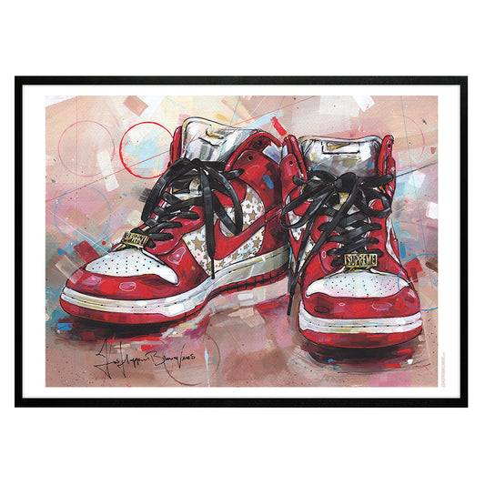 Nike Dunk high pro SB red stars estampado 70x50 cm - enmarcado y firmado