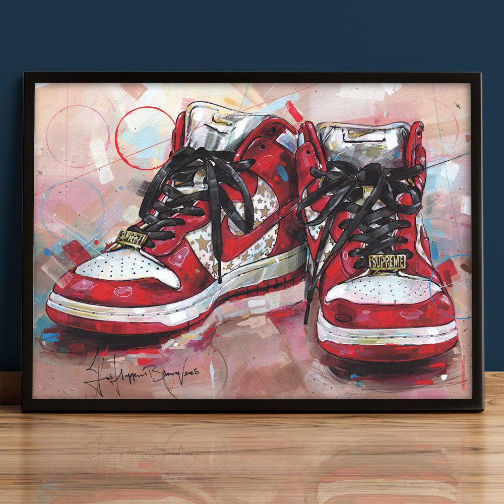 Nike Dunk high pro SB red stars full colour print 70x50 cm - ingelijst & gesigneerd