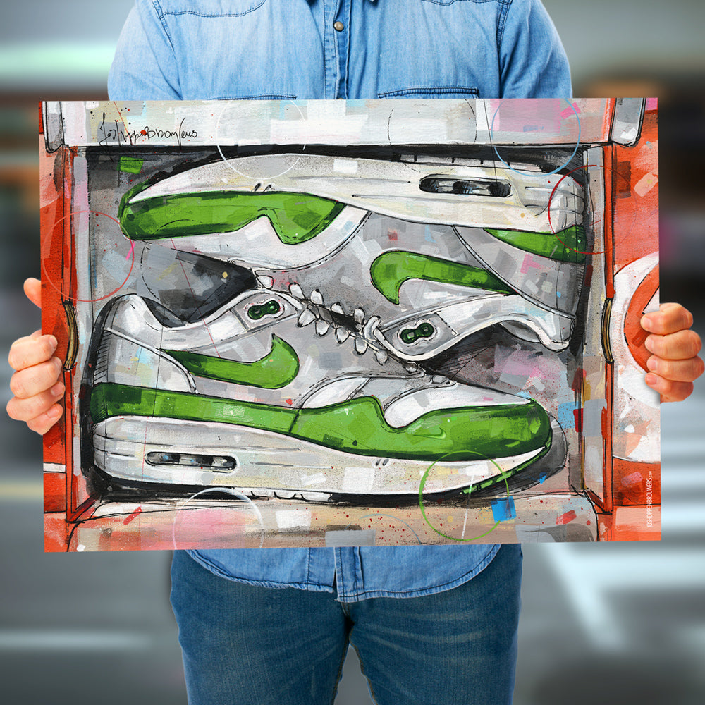 Nike Air Max 1 shoebox Patta green imprimé 70x50 cm - encadré et signé