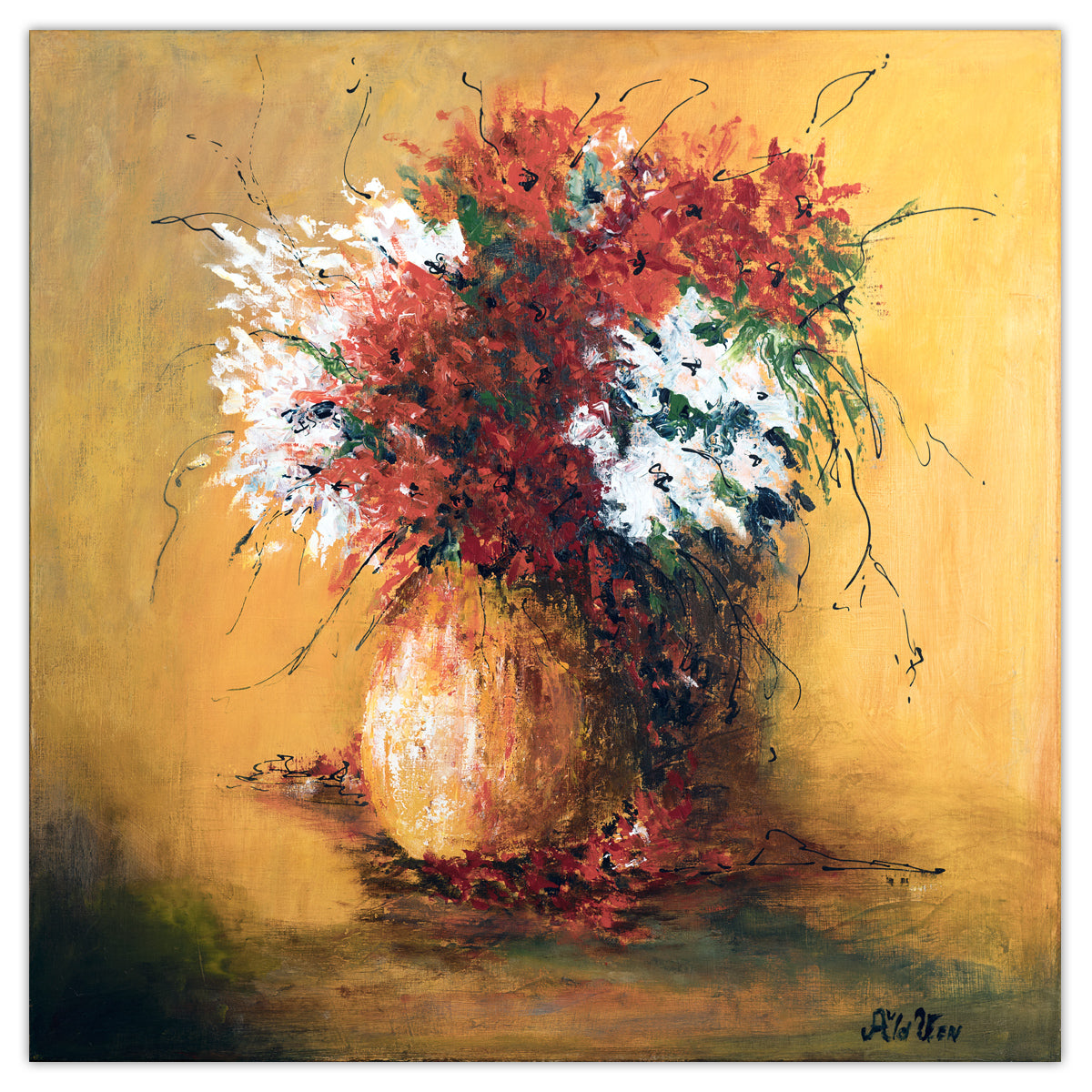 Pintura flores rojas y blancas en jarrón 80x80 cm