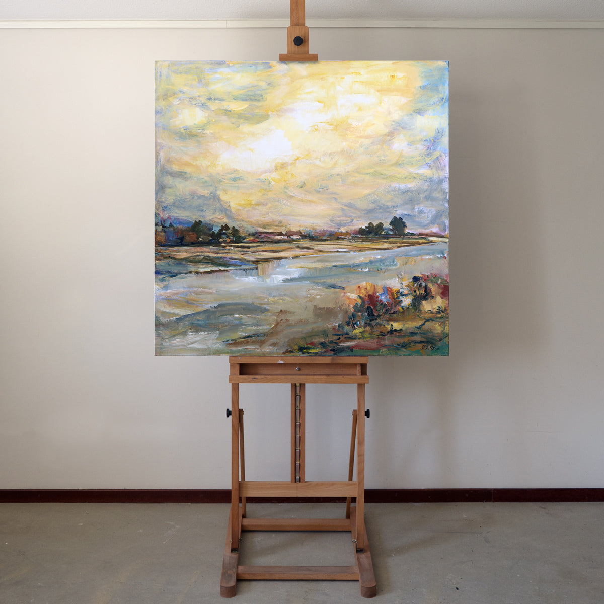 Rivier dorp schilderij 100x100 cm