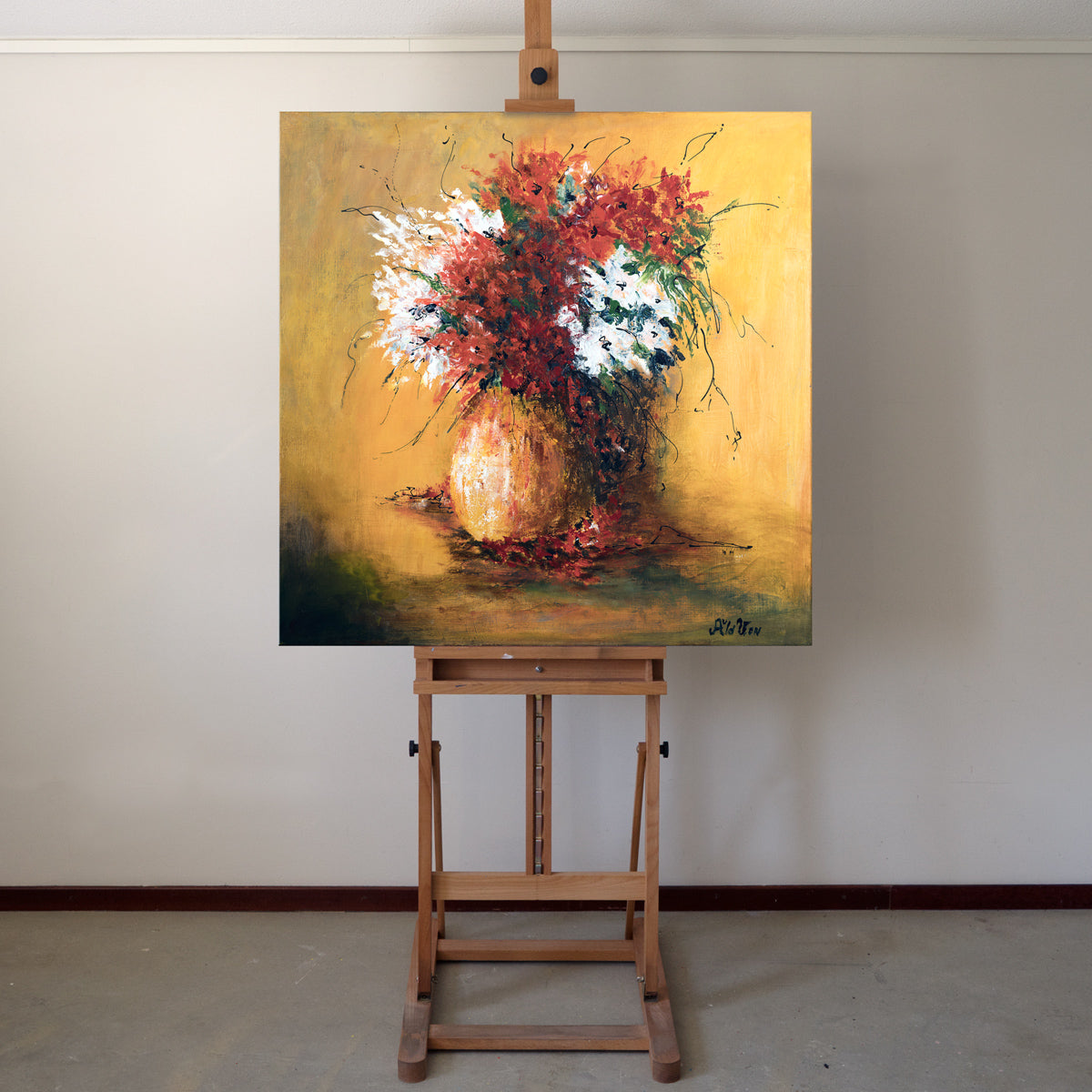 Rode en witte bloemen in vaas schilderij 80x80 cm