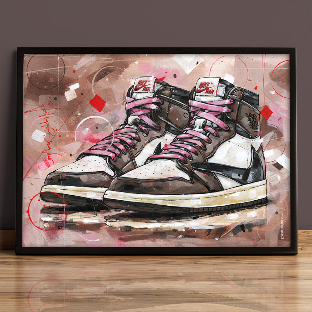 Nike Air Jordan 1 high - pink laces imprimé 70x50 cm - encadré et signé