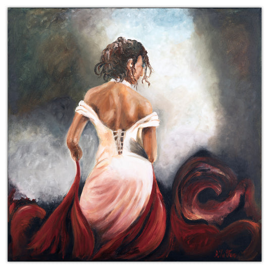 Vrouw in rood schilderij 100x100 cm